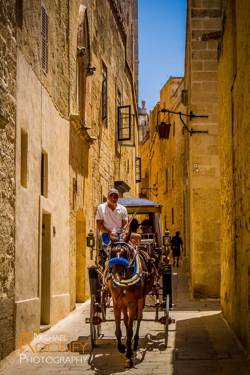 horse carriage tourism narrow alley street mdina malta sunny historic