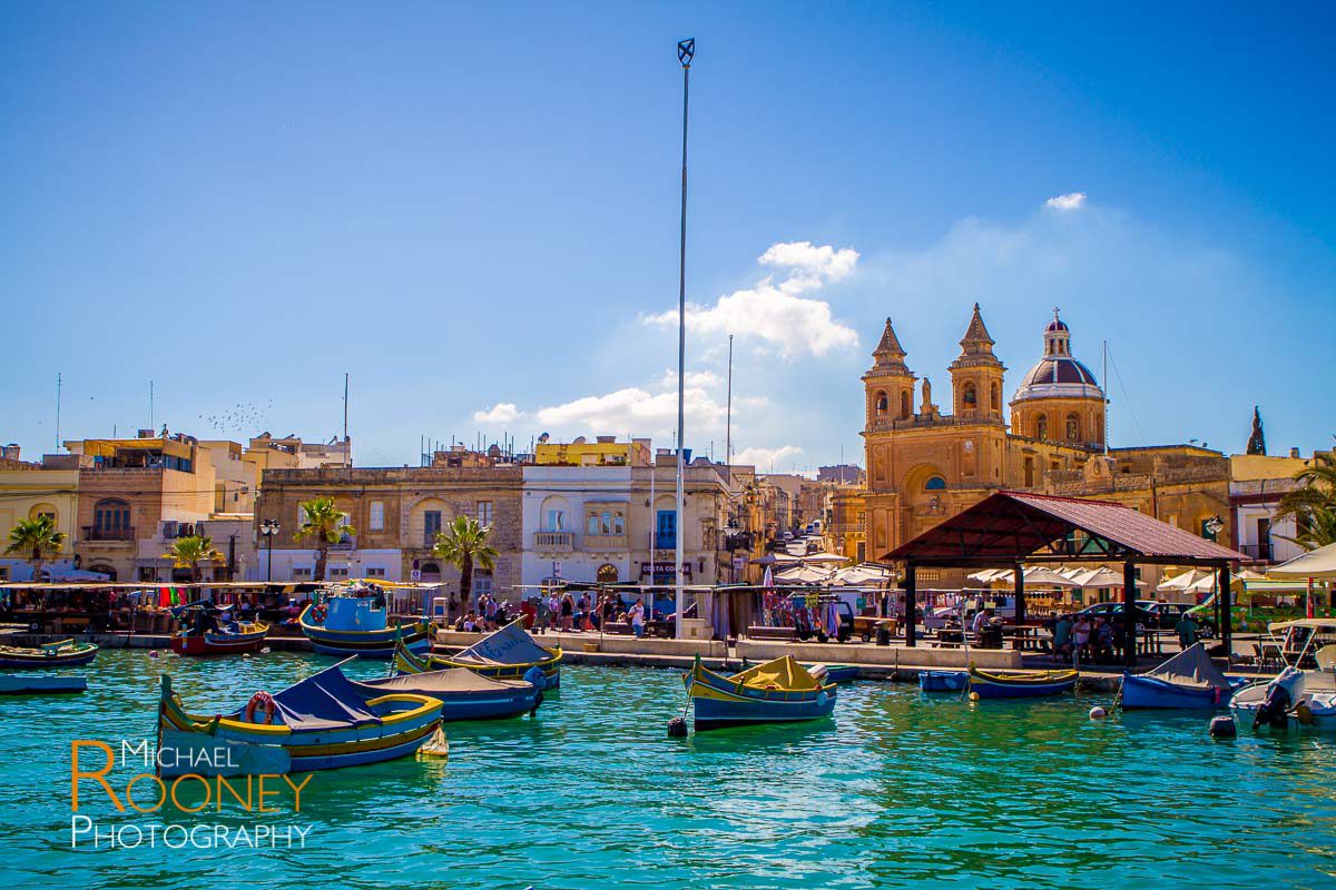 fishing boats harbor bay church pompei marsaxlokk malta sunny tourism colorful