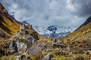 ruins fort jhomolhari base camp bhutan mountain clouds