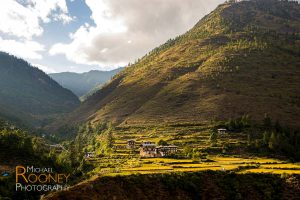 village field mountain sun hill traditional bhutan